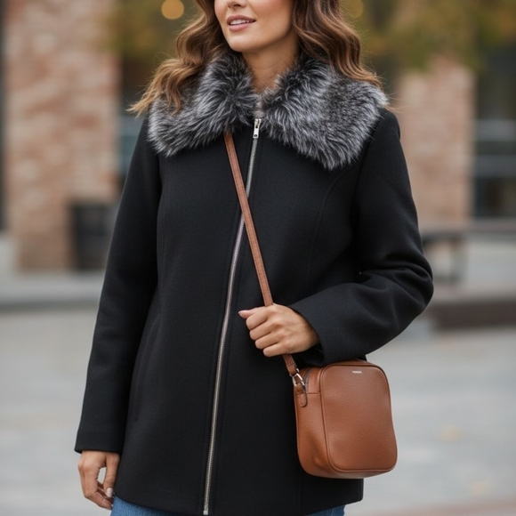 Susan Graver Black Trench  Jacket Coat with Faux Fur Wool Winter Large - Picture 2 of 5